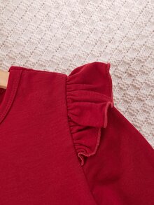 SHEIN Young Girl Knit Solid Color Round Neck Ruffle Trim Mesh Patchwork Casual Dress,Christmas,New Fall Styles - Red - View 7