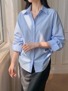 DAZY Solid Button Up Drop Shoulder Oversized Shirt,Long Sleeve Tops Preppy Tops,Fall Women Clothes - Baby Blue - View 10