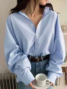 DAZY Solid Button Up Drop Shoulder Oversized Shirt,Long Sleeve Tops Preppy Tops,Fall Women Clothes - Baby Blue - View 9