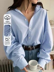 DAZY Solid Button Up Drop Shoulder Oversized Shirt,Long Sleeve Tops Preppy Tops,Fall Women Clothes - Baby Blue - View 5
