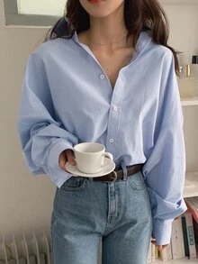 DAZY Solid Button Up Drop Shoulder Oversized Shirt,Long Sleeve Tops Preppy Tops,Fall Women Clothes - Baby Blue - View 2