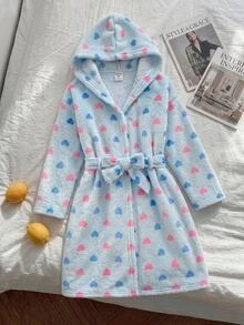SHEIN 女童秋冬保暖加厚雙面珊瑚絨甜心印花蝴蝶結連帽睡袍 淺藍色 - 藍色 - 查看 8