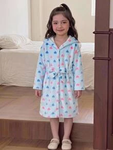 SHEIN 女童秋冬保暖加厚雙面珊瑚絨甜心印花蝴蝶結連帽睡袍 淺藍色 - 藍色 - 查看 6