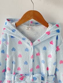 SHEIN 女童秋冬保暖加厚雙面珊瑚絨甜心印花蝴蝶結連帽睡袍 淺藍色 - 藍色 - 查看 4