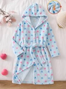 SHEIN 女童秋冬保暖加厚雙面珊瑚絨甜心印花蝴蝶結連帽睡袍 淺藍色 - 藍色 - 查看 1
