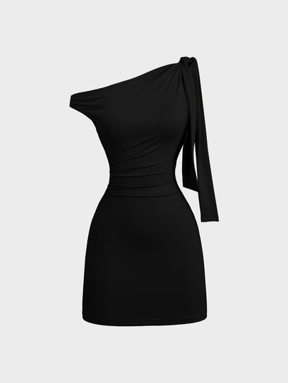 Sweetra Women's Oblique Shoulder Flounce Sexy Bodycon Dress, Waist Cinching, Bodycon, French Chic Mini Dress