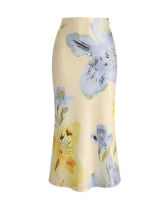 SHEIN Clasi Business Elegant Satin Blouse & Floral Print Mermaid Skirt Set, Suitable For Commuting And Office Wear - Yellow - View 3