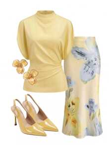 SHEIN Clasi Business Elegant Satin Blouse & Floral Print Mermaid Skirt Set, Suitable For Commuting And Office Wear - Yellow - View 1