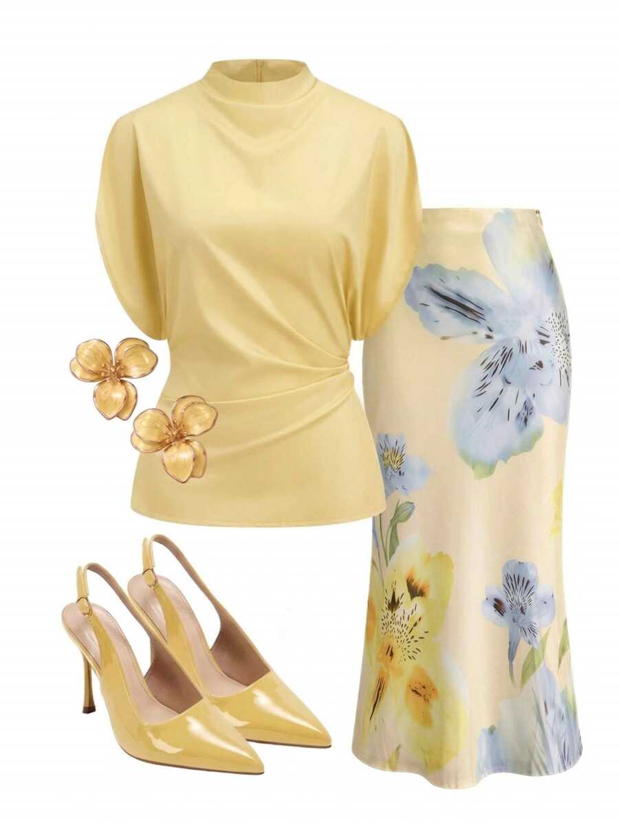 SHEIN Clasi Business Elegant Satin Blouse & Floral Print Mermaid Skirt Set, Suitable For Commuting And Office Wear - Yellow - View 1