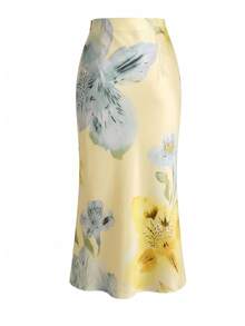 SHEIN Clasi Business Elegant Satin Blouse & Floral Print Mermaid Skirt Set, Suitable For Commuting And Office Wear - Yellow - View 5