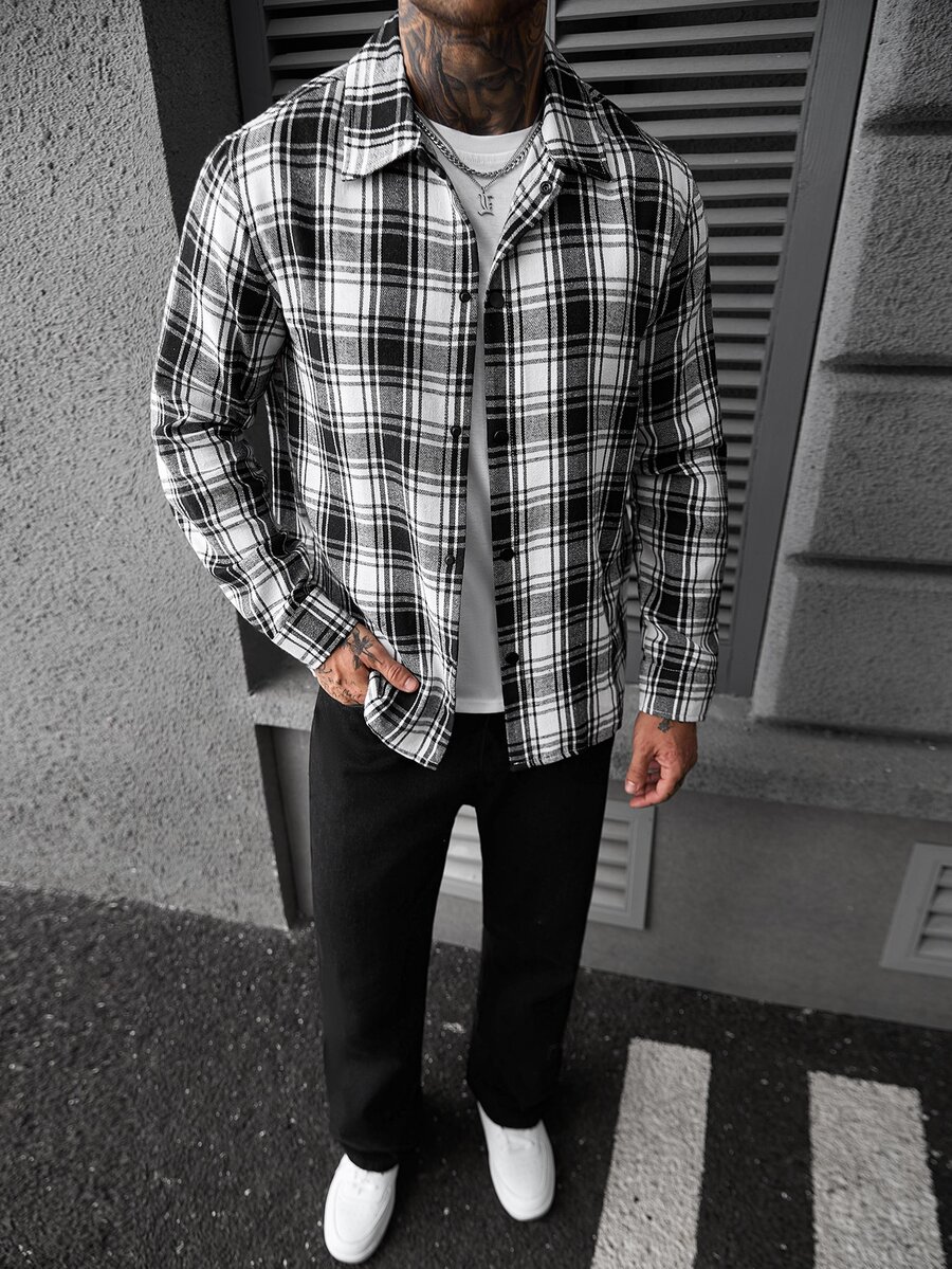 SLATEMANN Men's Black And White Long Sleeve Shacket, Suitable For Halloween, Christmas, Best Gift For New Year - Black and White - View 1