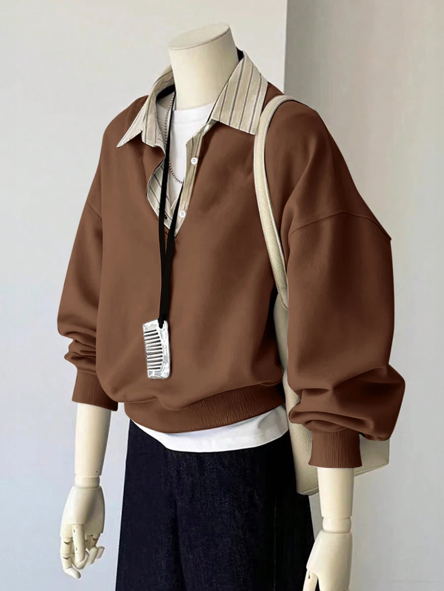 INAWLY Women's Casual Loose Fit Drop Shoulder Sweatshirt, Suitable For Daily Wear And Commuting, Spring/Autumn - Brown - View 1