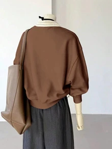 INAWLY Women's Casual Loose Fit Drop Shoulder Sweatshirt, Suitable For Daily Wear And Commuting, Spring/Autumn - Brown - View 2