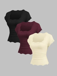 Sweetra Spring/Summer New Women's Designer High-Street Chic Lace Trim Slimming Fit Vacation Sports Versatile Comfortable Streetwear T-Shirt Set - Multicolor - View 1
