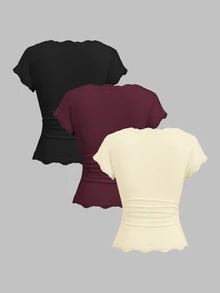 Sweetra Spring/Summer New Women's Designer High-Street Chic Lace Trim Slimming Fit Vacation Sports Versatile Comfortable Streetwear T-Shirt Set - Multicolor - View 2