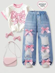 Toddler Girl Wide Leg Denim Look Pants, Cute Light Blue Pink Satin Bow Decor Ripped Distressed, Fall Ballet Princess K Pop - Multicolor - View 4