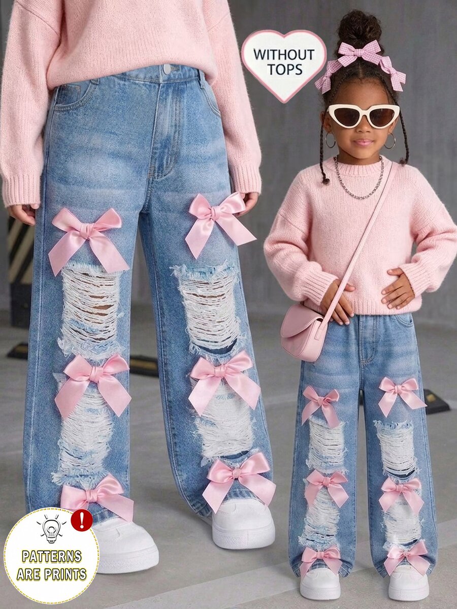 Toddler Girl Wide Leg Denim Look Pants, Cute Light Blue Pink Satin Bow Decor Ripped Distressed, Fall Ballet Princess K Pop