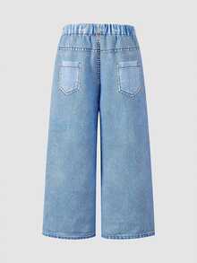 Toddler Girl Wide Leg Denim Look Pants, Cute Light Blue Pink Satin Bow Decor Ripped Distressed, Fall Ballet Princess K Pop - Multicolor - View 3