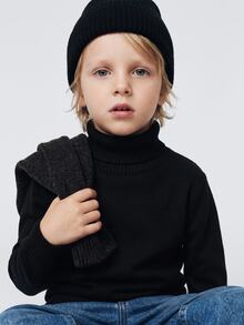 Maija Kids Maija Kids 兒童 1件 小男孩休閒舒適純色百搭寬鬆高領秋季毛衣，可作為內搭或外套穿著 - 黑色 - 查看 4