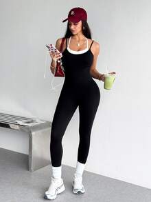 SHEIN Dewbera Colorblock Cami Sports Jumpsuit - Black - View 8