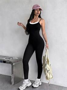 SHEIN Dewbera Colorblock Cami Sports Jumpsuit - Black - View 1