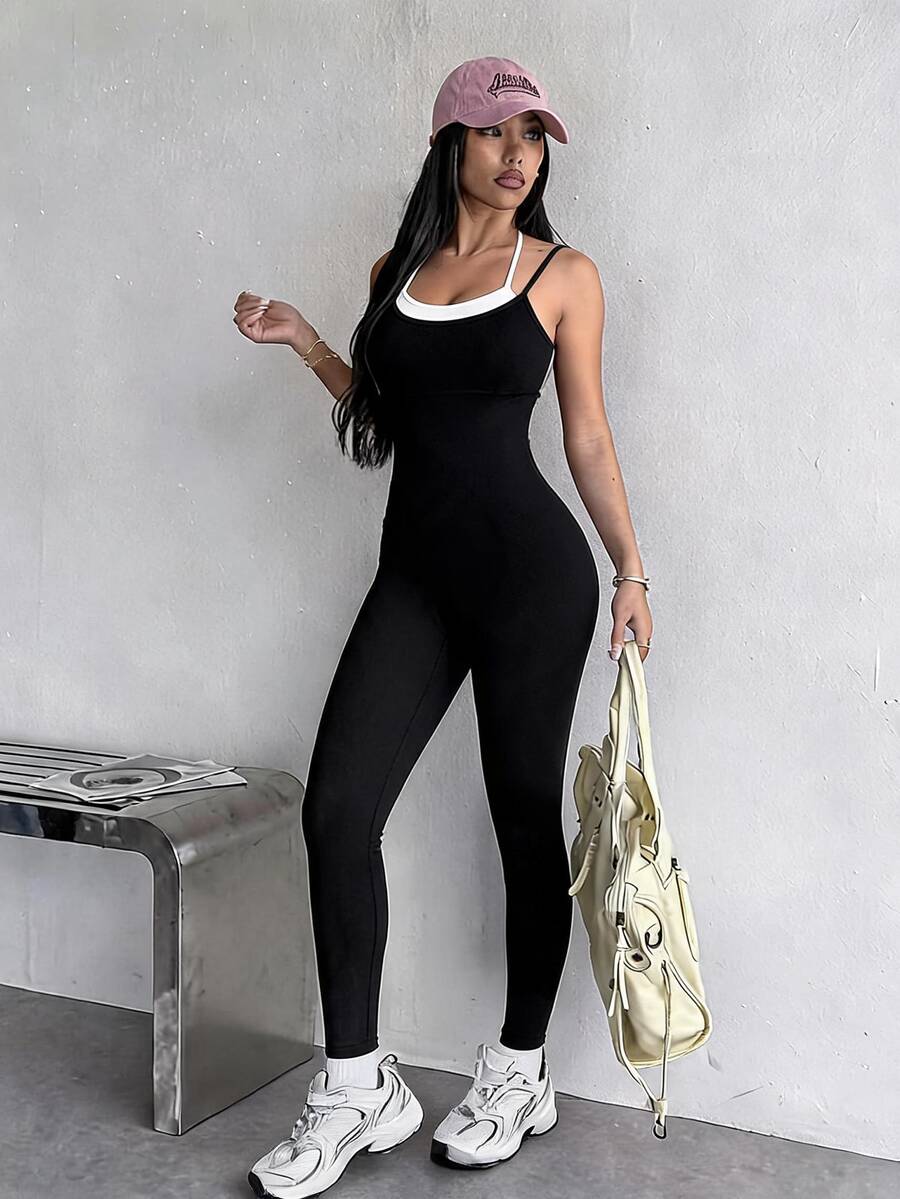 SHEIN Dewbera Colorblock Cami Sports Jumpsuit - Black - View 1