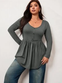 Enliva Plus-Size Women's Casual Everyday Stretch Long-Sleeved Slim-Fit Black Top, Simple Babydoll Style Fall - Dark Grey - View 8