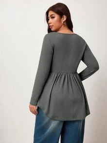 Enliva Plus-Size Women's Casual Everyday Stretch Long-Sleeved Slim-Fit Black Top, Simple Babydoll Style Fall - Dark Grey - View 2