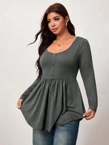 Enliva Plus-Size Women's Casual Everyday Stretch Long-Sleeved Slim-Fit Black Top, Simple Babydoll Style Fall - Dark Grey - View 5