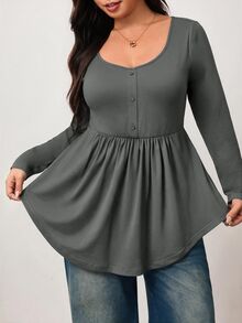 Enliva Plus-Size Women's Casual Everyday Stretch Long-Sleeved Slim-Fit Black Top, Simple Babydoll Style Fall - Dark Grey - View 4