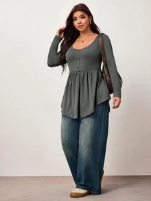 Enliva Plus-Size Women's Casual Everyday Stretch Long-Sleeved Slim-Fit Black Top, Simple Babydoll Style Fall - Dark Grey - View 3