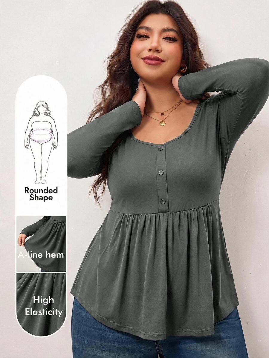 Enliva Plus-Size Women's Casual Everyday Stretch Long-Sleeved Slim-Fit Black Top, Simple Babydoll Style Fall - Dark Grey - View 1