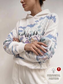 SHEIN EZwear 女款休閒寬鬆雪景印花圓領長袖連帽衛衣，秋冬風格，適合日常通勤、約會、聚會、秋冬、夏季、派對、婚禮、海灘、畢業典禮等場合，優雅休閒，適合出遊，Y2K風格，音樂節 - 彩色 - 查看 3