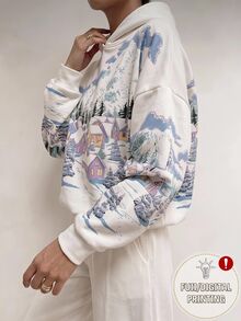 SHEIN EZwear 女款休閒寬鬆雪景印花圓領長袖連帽衛衣，秋冬風格，適合日常通勤、約會、聚會、秋冬、夏季、派對、婚禮、海灘、畢業典禮等場合，優雅休閒，適合出遊，Y2K風格，音樂節 - 彩色 - 查看 4