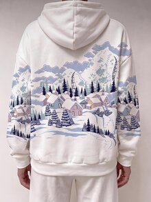 SHEIN EZwear 女款休閒寬鬆雪景印花圓領長袖連帽衛衣，秋冬風格，適合日常通勤、約會、聚會、秋冬、夏季、派對、婚禮、海灘、畢業典禮等場合，優雅休閒，適合出遊，Y2K風格，音樂節 - 彩色 - 查看 2