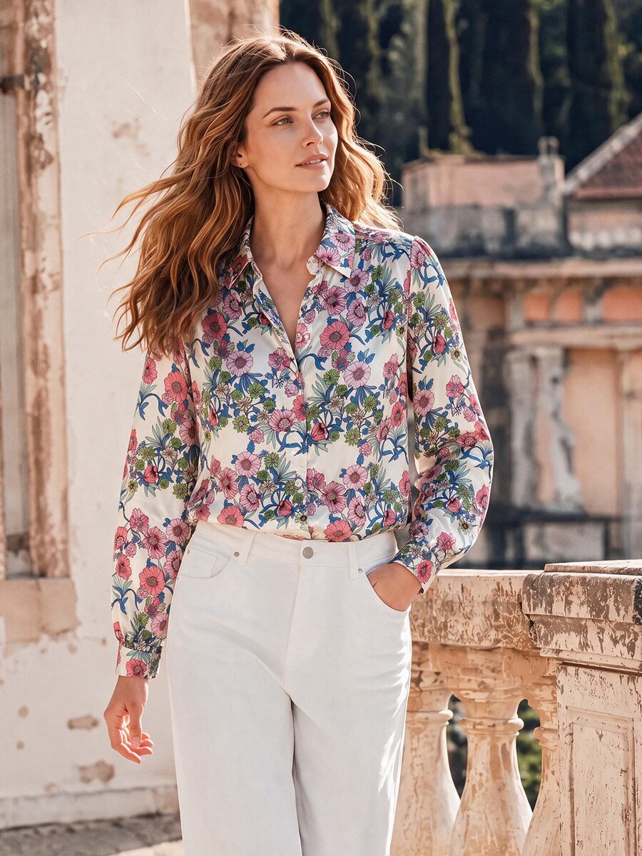 Women's Spring/Autumn/Winter Romantic Floral Print Satin Long Sleeve Blouse, Suitable For Dating, Outing, Elegant Inner Layer - Multicolor - View 1