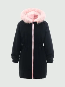 SHEIN 1件大女孩對比色毛領連帽夾克，收腰內裡冬季派克大衣外套，休閒日常旅行度假穿搭 - 黑色 - 查看 4