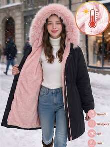 SHEIN 1件大女孩對比色毛領連帽夾克，收腰內裡冬季派克大衣外套，休閒日常旅行度假穿搭 - 黑色 - 查看 1