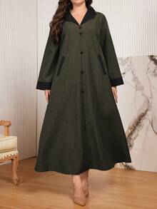 Al Najma Casual Color Block Button Decor Long Sleeve Loose Regular Fit Plus Size Dress, Spring/Autumn - Multicolor - View 3