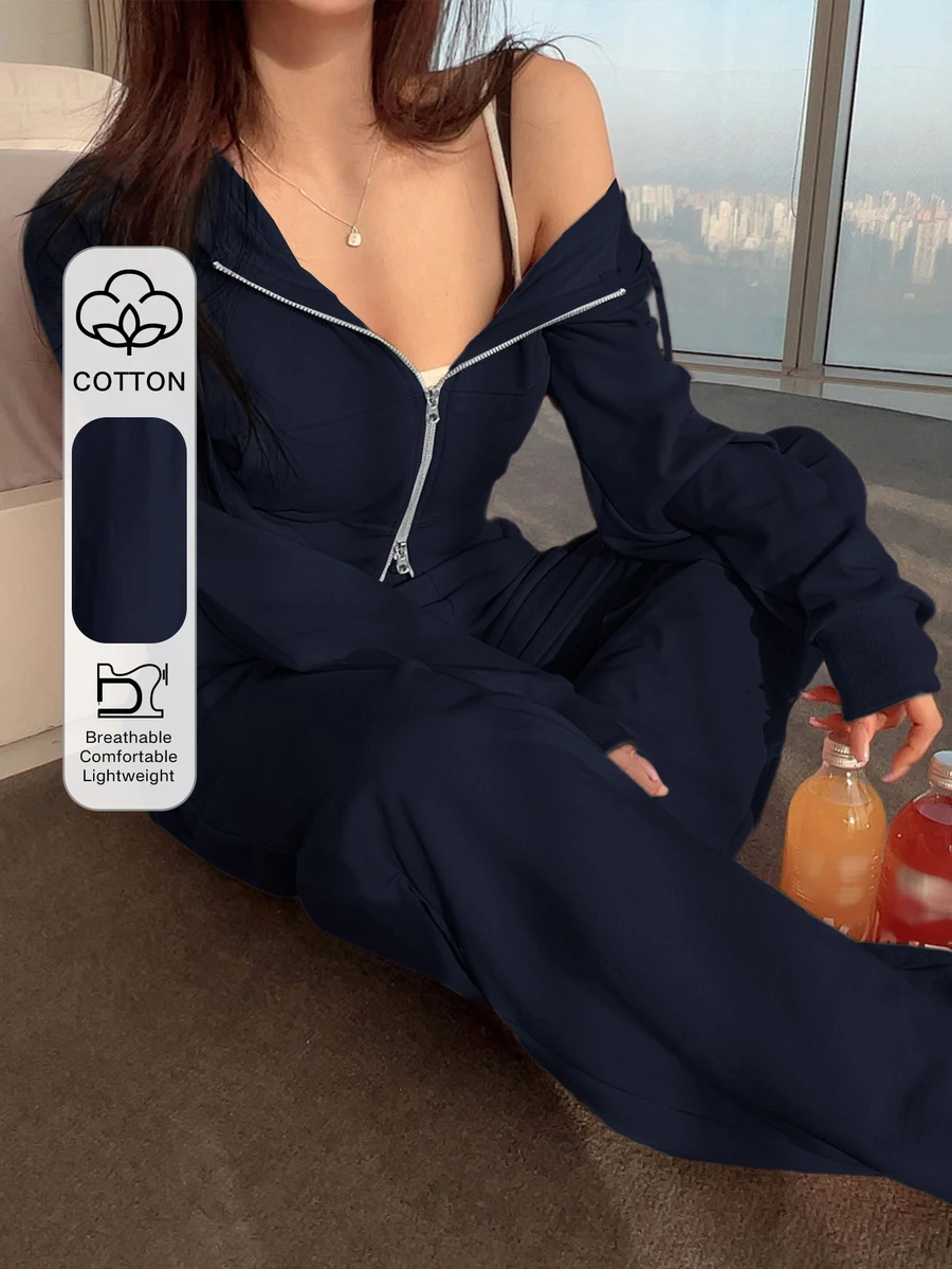 DAZY 2pcs Women Hooded Drawstring Zip-Up Sweatshirt And Elastic Waist Casual Pants Set Tracksuits Women Set Lounge Sets For Women - Navy Blue - View 1
