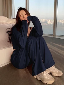 DAZY 2pcs Women Hooded Drawstring Zip-Up Sweatshirt And Elastic Waist Casual Pants Set Tracksuits Women Set Lounge Sets For Women - Navy Blue - View 3