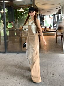 DAZY Women's Fashion Versatile Pocket Distressed Denim Overalls Cute Tops - Coffee Brown - View 1