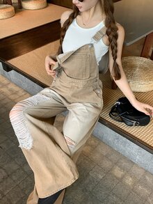 DAZY Women's Fashion Versatile Pocket Distressed Denim Overalls Cute Tops - Coffee Brown - View 8