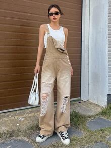 DAZY Women's Fashion Versatile Pocket Distressed Denim Overalls Cute Tops - Coffee Brown - View 14