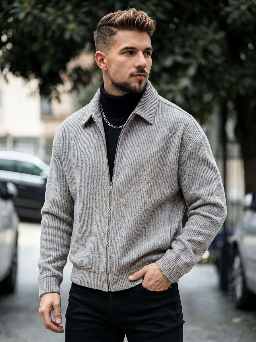 Manfinity CasualCool Men's Classic Lapel Collar Premium Gray Versatile Fashion, Casual Comfortable Mature Commute Daily Home Minimalist Straight Pocket Wool - Grey - View 1