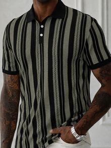 Manfinity CasualCool Men's Casual Business Striped Design Polo Shirt Top Suitable For Daily Commute Wear Versatile - Mint Green - View 3