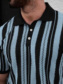 Manfinity CasualCool Men's Casual Business Striped Design Polo Shirt, Suitable For Daily Commute Wear, Versatile - Baby Blue - View 5