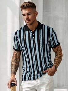 Manfinity CasualCool Men's Casual Business Striped Design Polo Shirt, Suitable For Daily Commute Wear, Versatile - Baby Blue - View 1