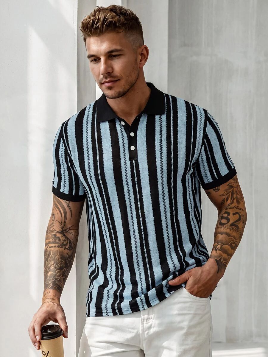 Manfinity CasualCool Men's Casual Business Striped Design Polo Shirt, Suitable For Daily Commute Wear, Versatile - Baby Blue - View 1
