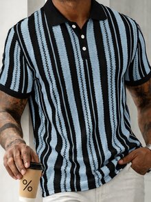 Manfinity CasualCool Men's Casual Business Striped Design Polo Shirt, Suitable For Daily Commute Wear, Versatile - Baby Blue - View 2